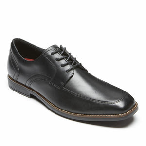 Black leather square-toed dress shoe with laces.