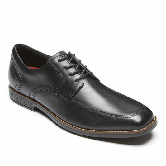 Black leather square-toed dress shoe with laces.