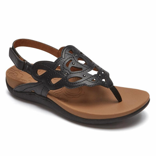 Black sandal with toe post, ankle strap, and cut-out details.