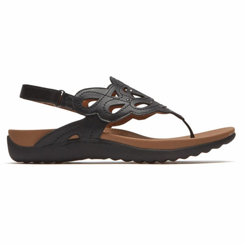 Black thong sandal with decorative cutouts and ankle strap.
