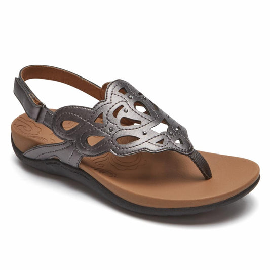 Metallic gray toe thong sandal with laser cut details.