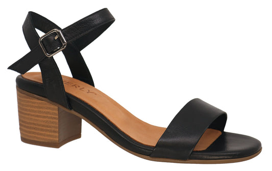 Black leather sandal with a block heel and ankle strap.