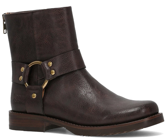 Brown leather ankle boot with a gold ring and riveted strap.