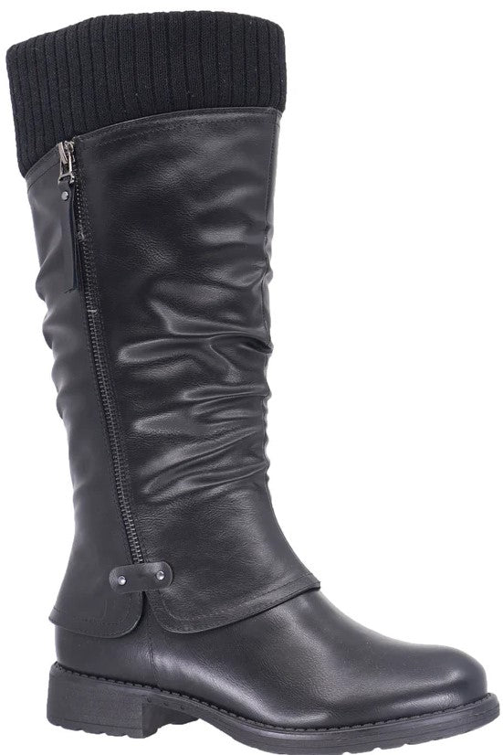 Knee-high black boot with knit sock detail and side zipper.