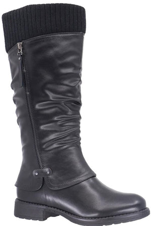 Knee-high black boot with knit sock detail and side zipper.