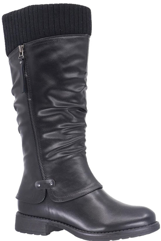 Knee-high black boot with knit sock detail and side zipper.