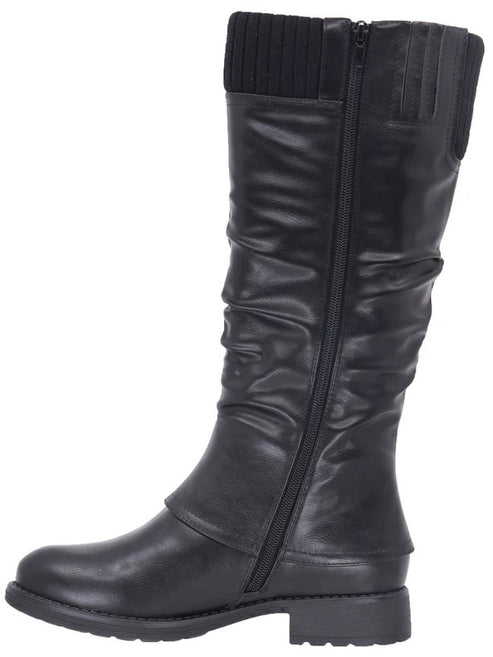Tall black boot with partial zipper and rib knit trim.