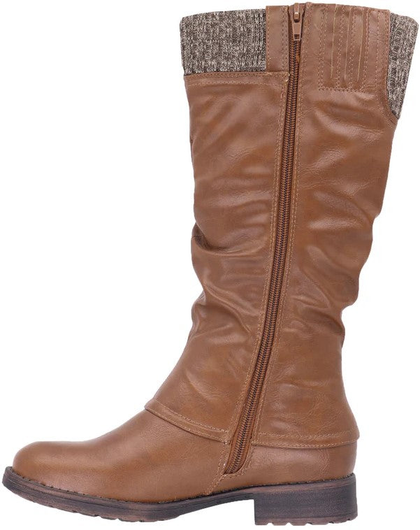 Knee-high light brown boot with partial side zipper and a brown-tone knit upper.