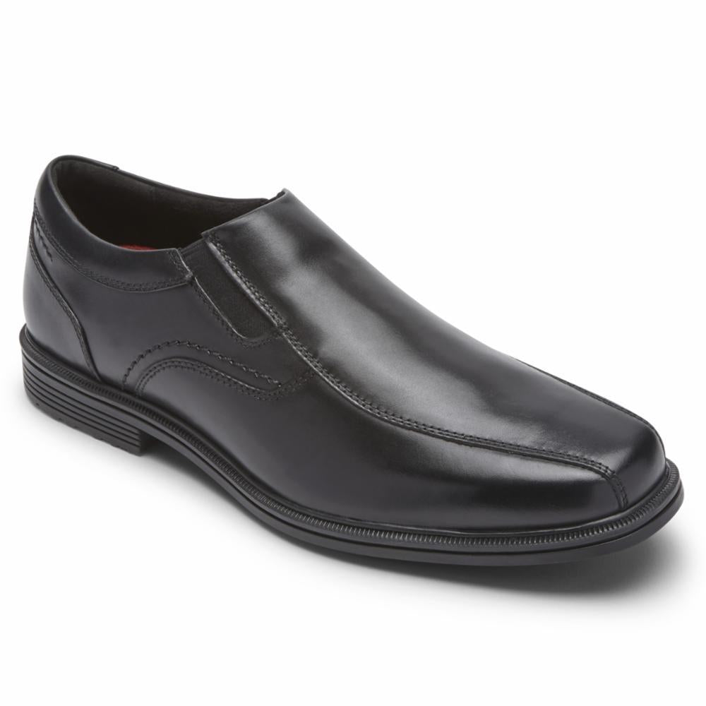 Black leather slip-on dress shoe with a rounded toe.