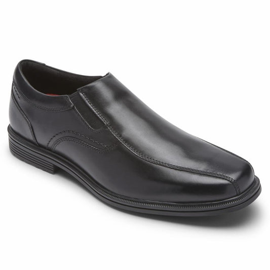 Black leather slip-on dress shoe with a rounded toe.