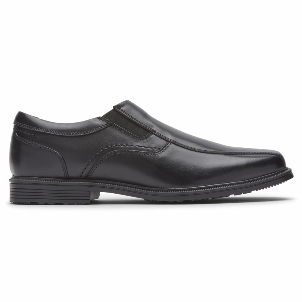 Black leather slip-on dress shoe.