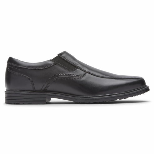 Black leather slip-on dress shoe.
