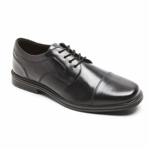 A black leather dress shoe with cap toe and black laces.