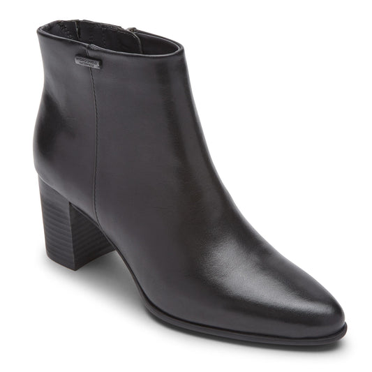 Black leather heeled bootie with pointed toe and side zipper
