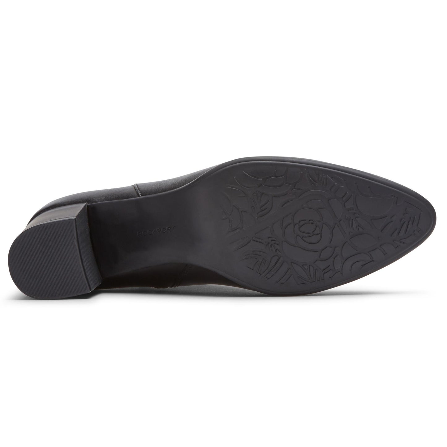 Bottom view of a black leather shoe with a black sole featuring a floral design.