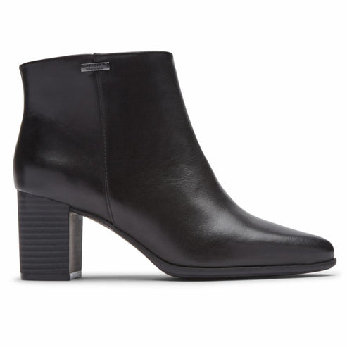 Black leather heeled bootie with block heel and pointed toe.