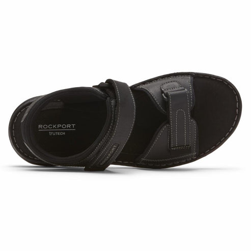Overhead view of Rockport black sandal with TRUTECH inner print.