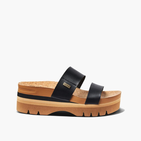 Platform slide sandal with two black straps and visible cork midsole.