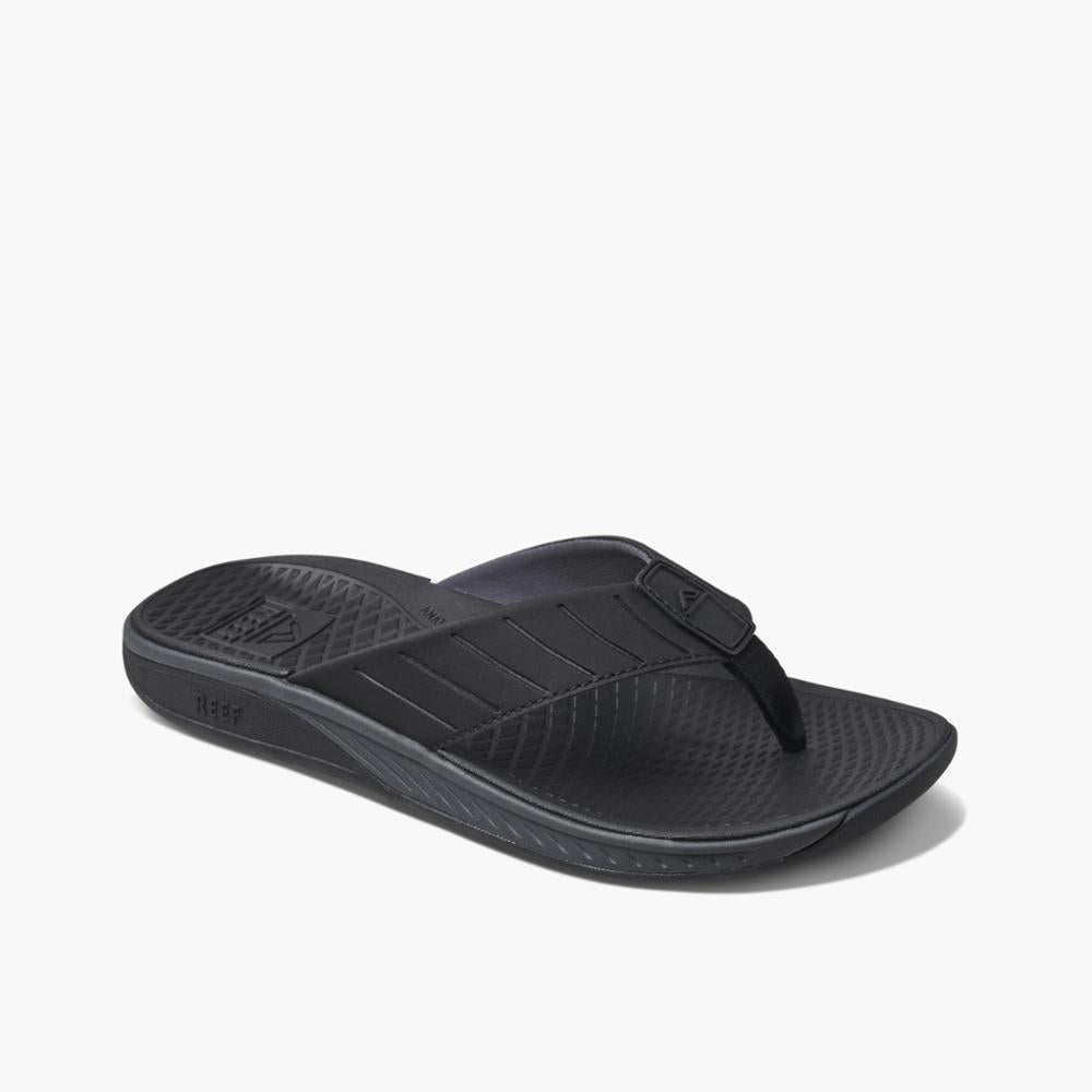 Black flip-flop with textured sole and wide strap.