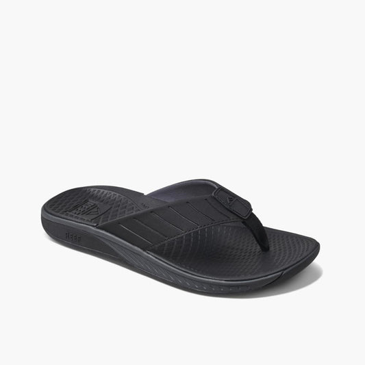 Black flip-flop with textured sole and wide strap.