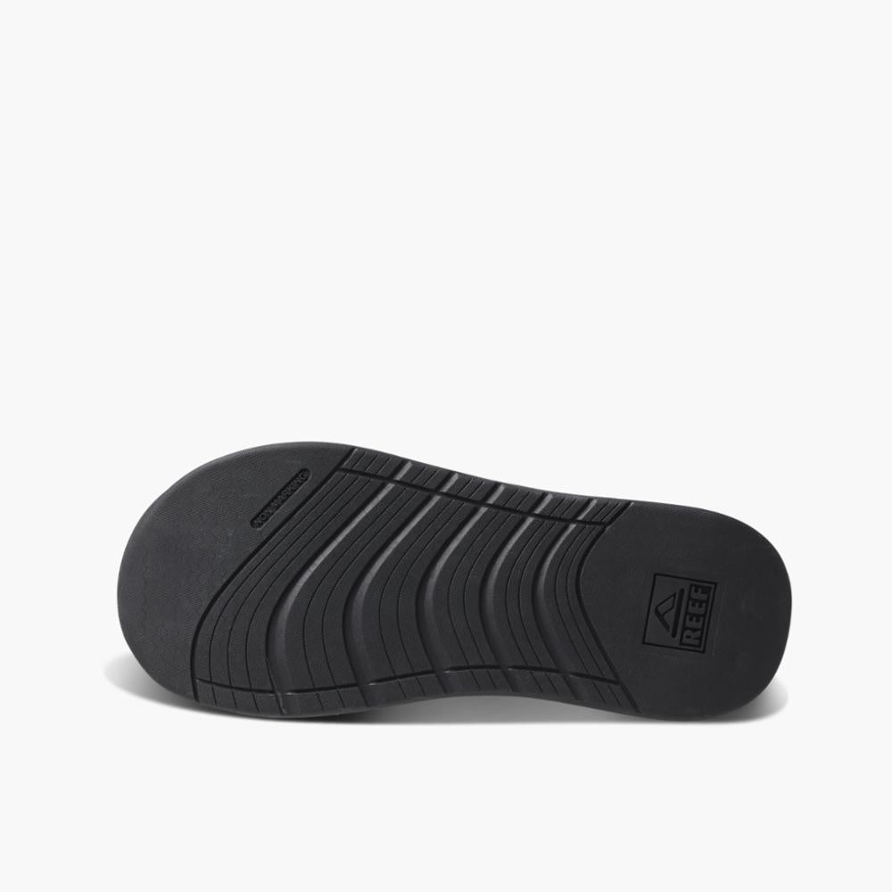 Black sandal sole featuring a repeating textured pattern and logo.