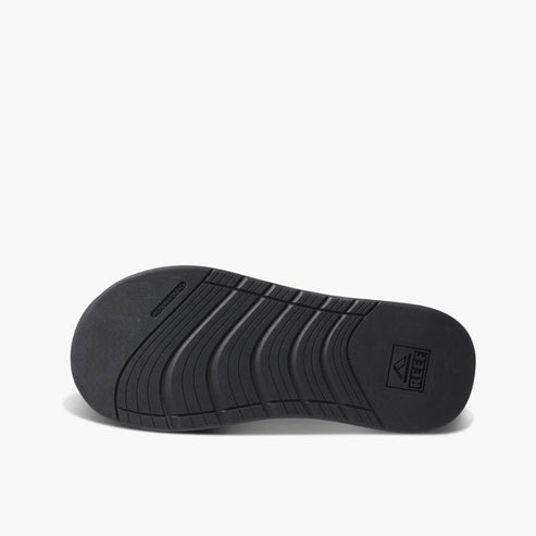 Black sandal sole featuring a repeating textured pattern and logo.