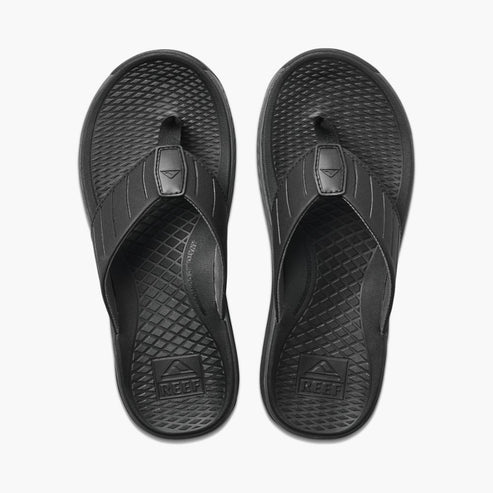 A pair of black flip-flops with a textured footbed and strap.