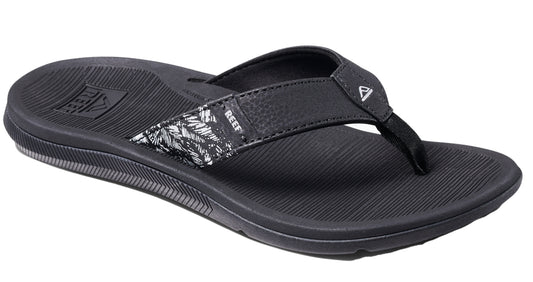 Black flip-flop sandal with patterned arch support and toe post.