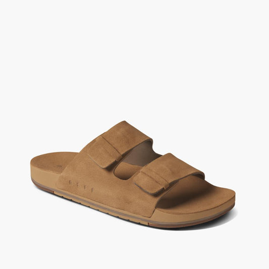 Tan slide sandal with two adjustable straps.