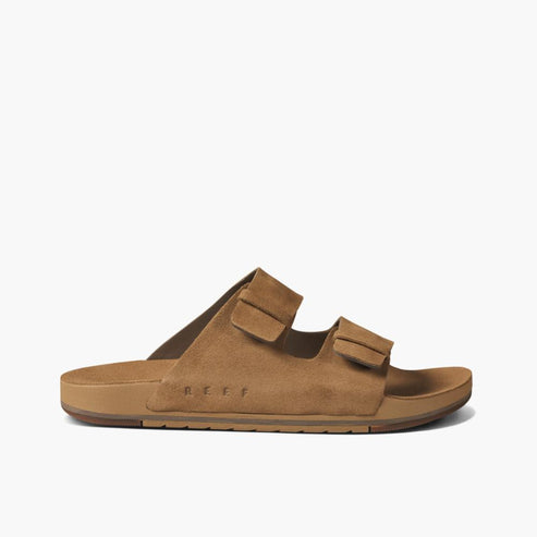 A pair of tan, open-toed sandals with two adjustable straps across the top of the foot.