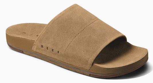 A brown slide sandal made of suede.