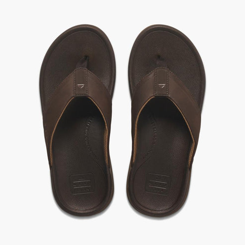 Pair of brown flip-flops with a leather strap.