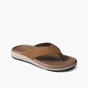 Brown flip-flop with neutral sole and soft straps.