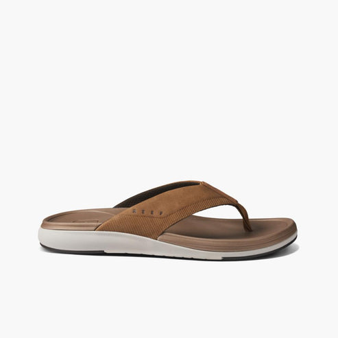 Brown leather flip-flop with toe post.