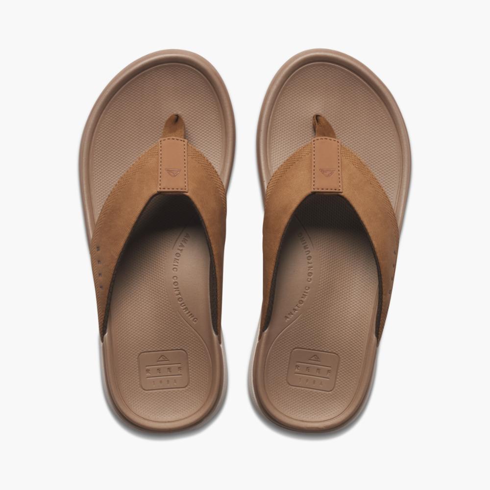 Pair of brown leather flip-flops.