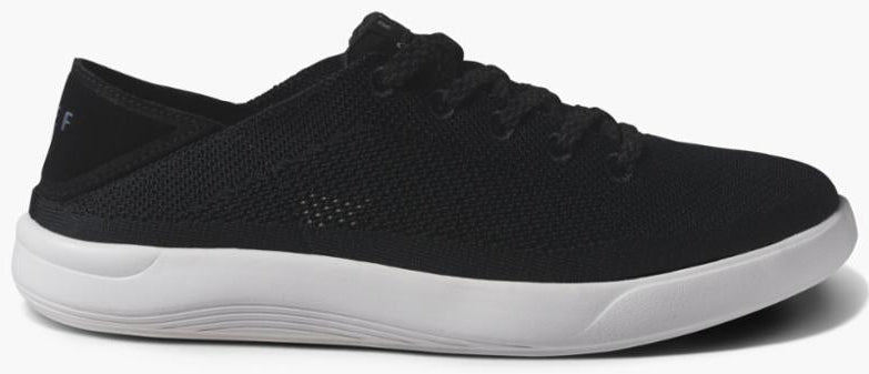 Black lace-up sneaker with a white sole.