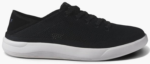 Black lace-up sneaker with a white sole.