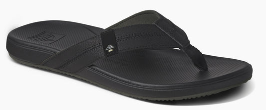 A black flip-flop sandal.