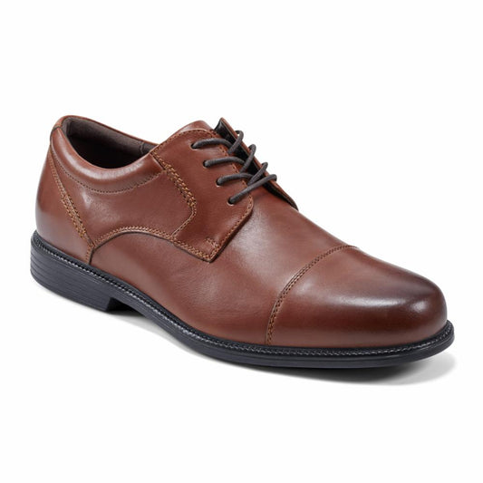 Brown leather cap-toe Oxford shoe with black laces and sole.