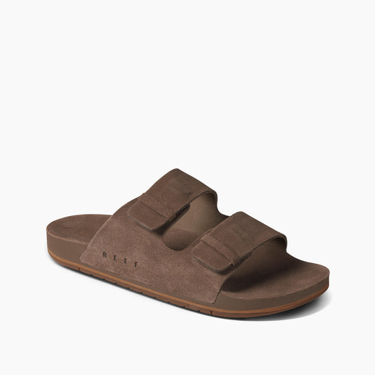 Brown slide sandal with two adjustable velcro straps.