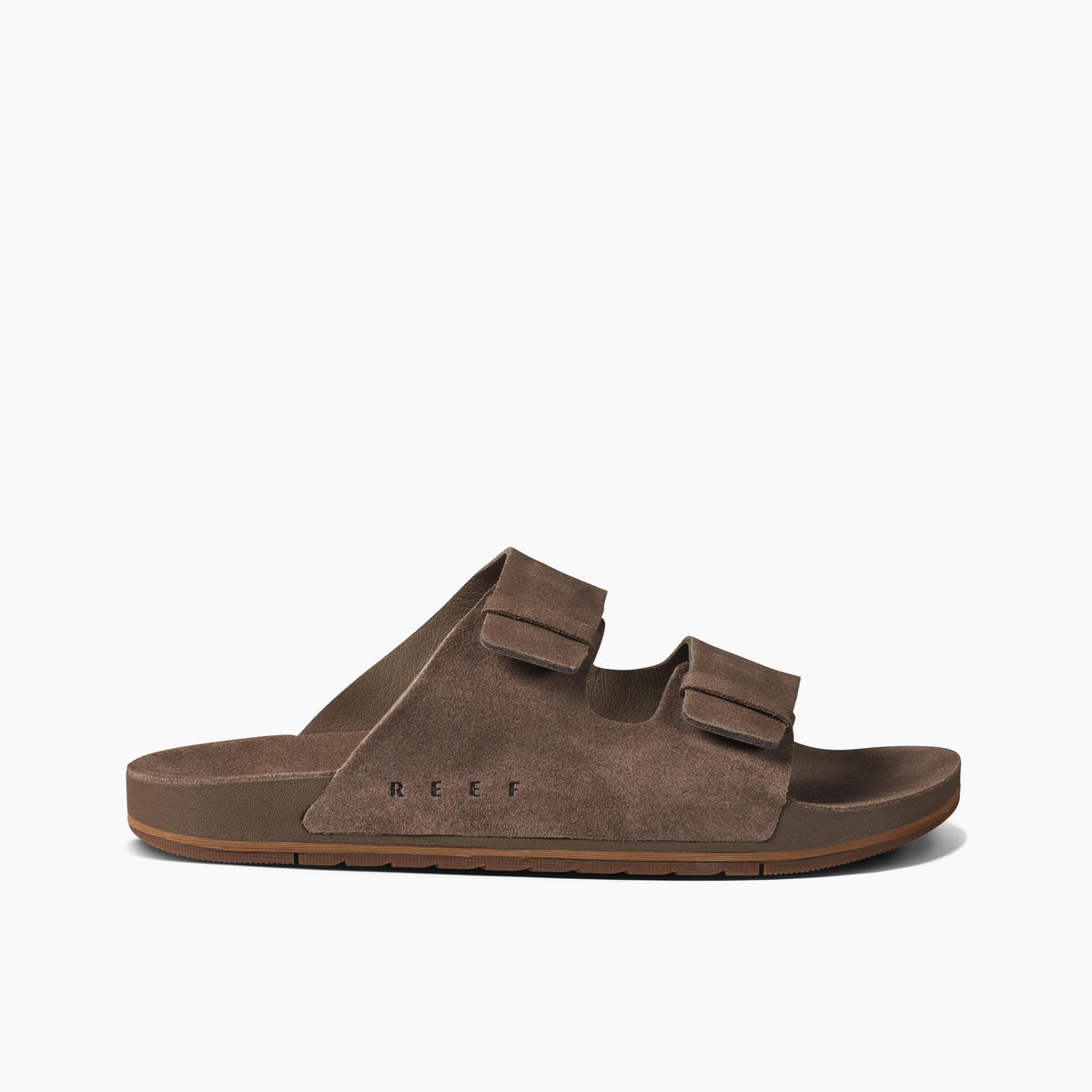Brown two-strap slide sandal with visible REEF brand.