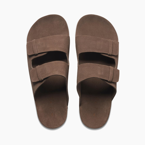 Pair of brown suede sandals with two adjustable straps