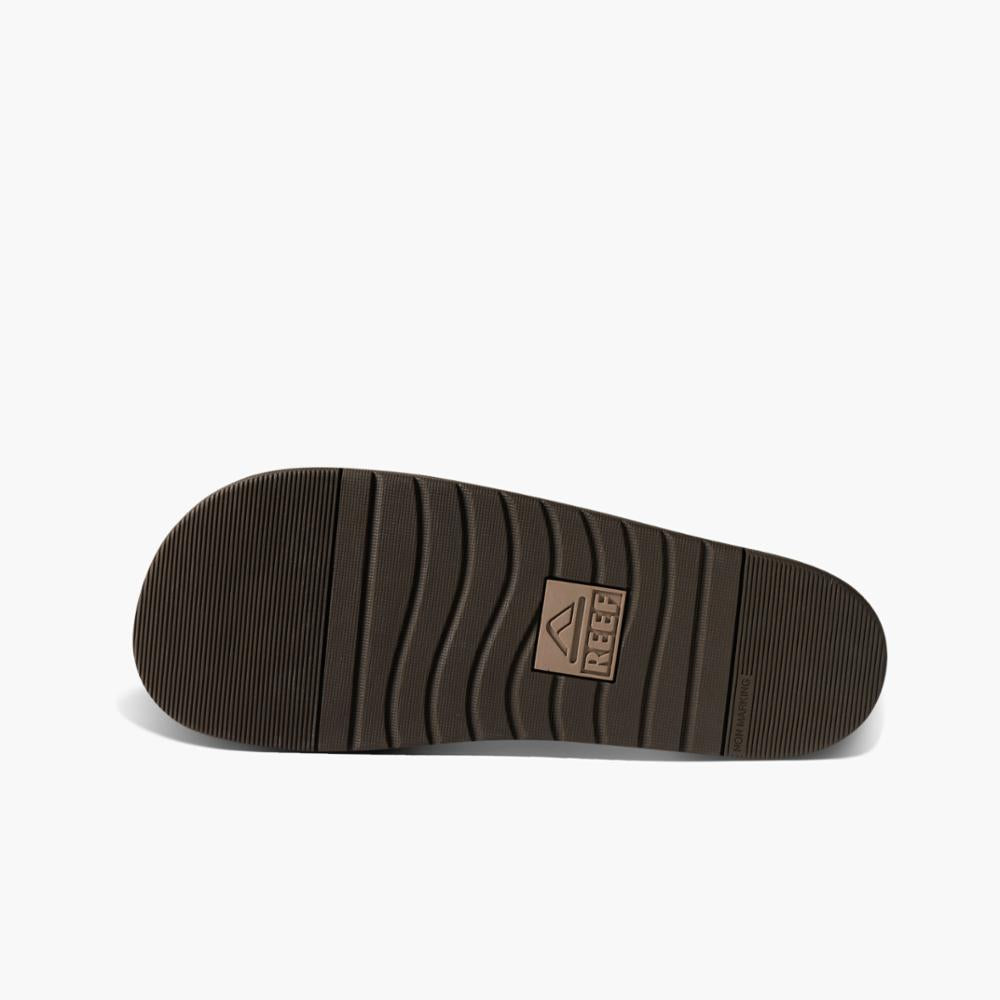 Angled view of brown sandal sole with logo.