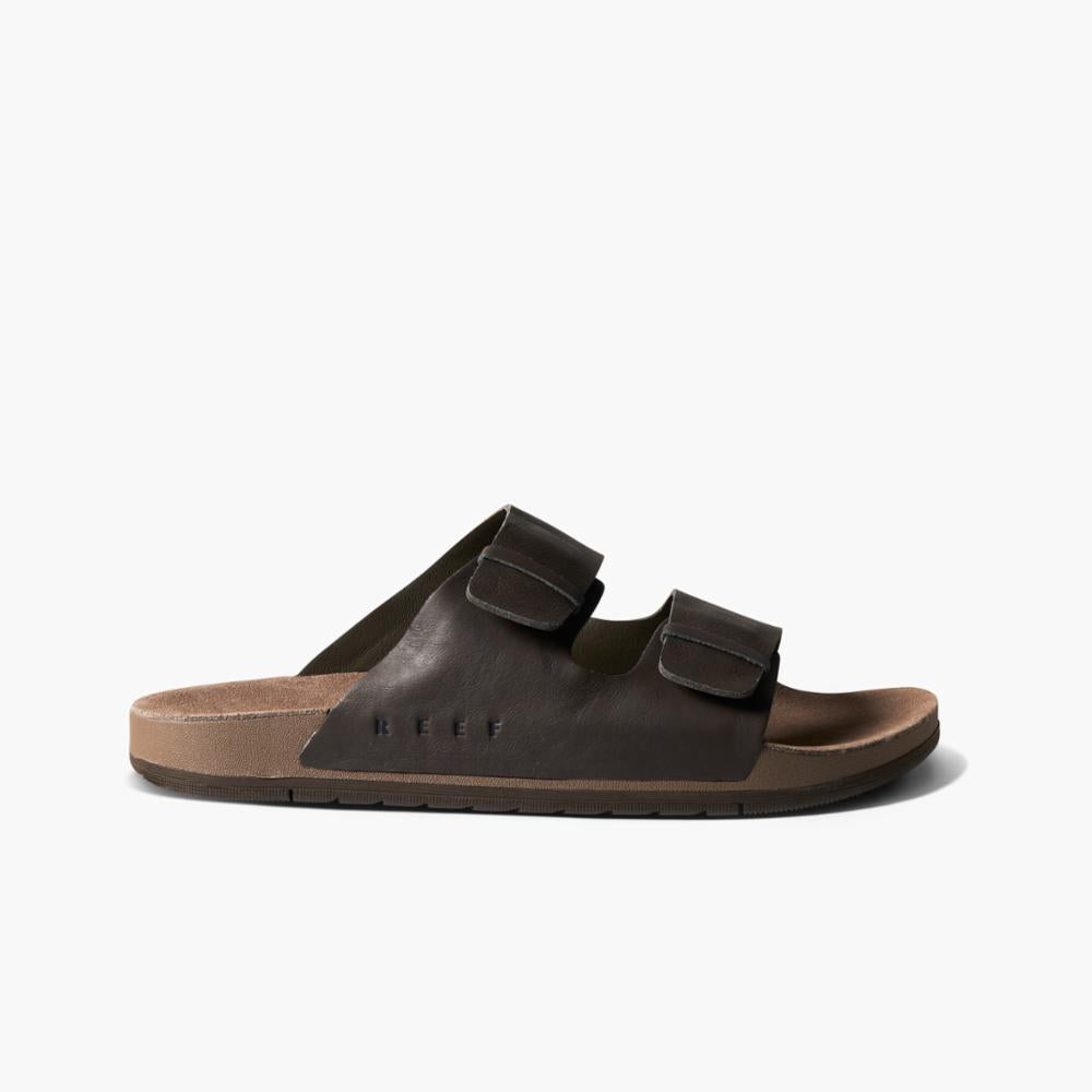 Brown slide sandal with two adjustable straps.