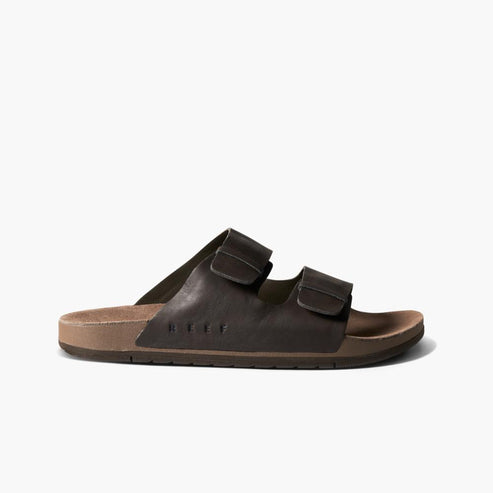 Brown slide sandal with two adjustable straps.