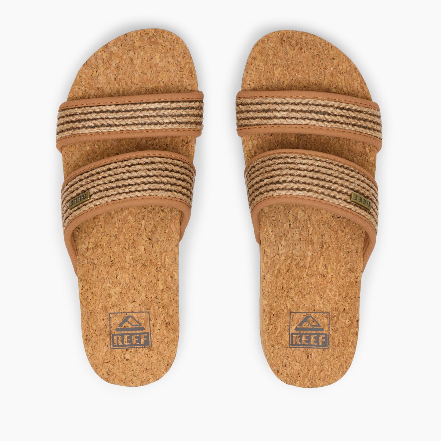 Pair of cork sandals with two striped fabric straps.
