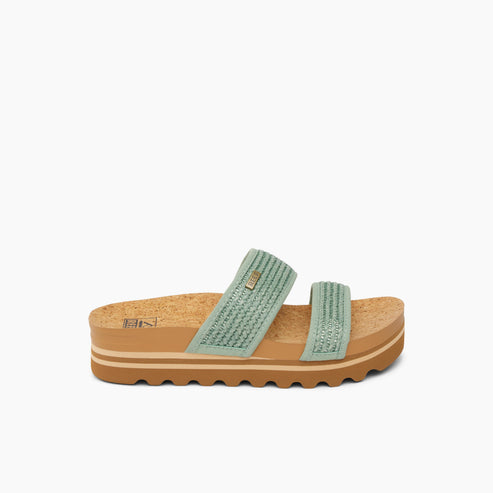 Double strap platform sandals with cork soles.