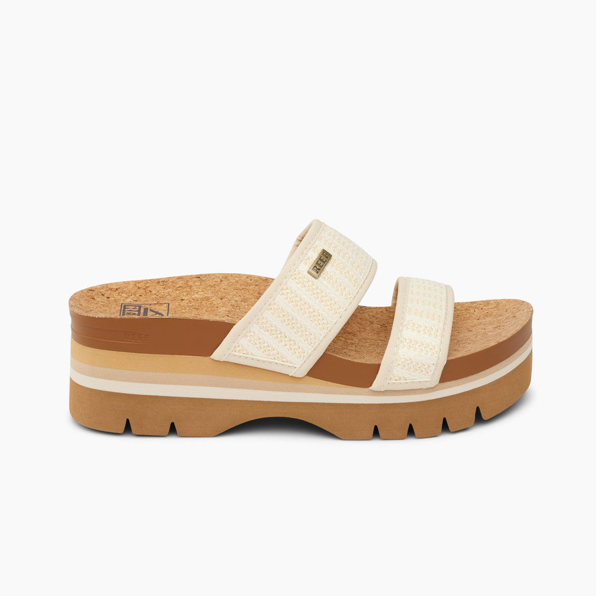 Platform sandals with cork soles and white patterned straps.