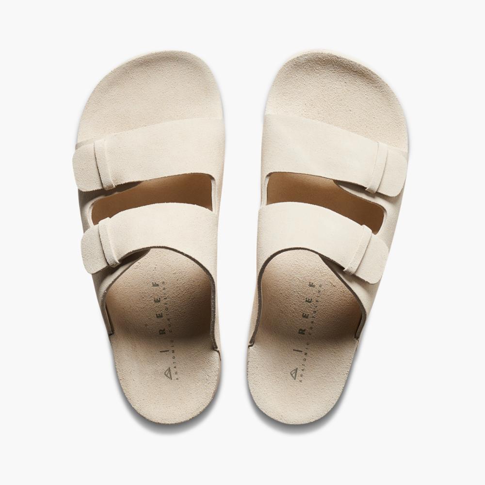 Two cream-colored sandals with two adjustable straps each.