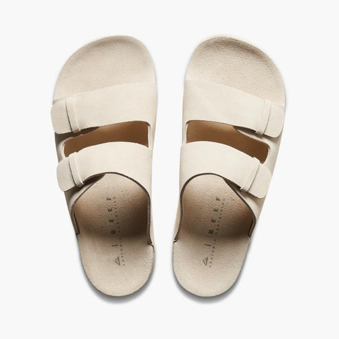 Two cream-colored sandals with two adjustable straps each.